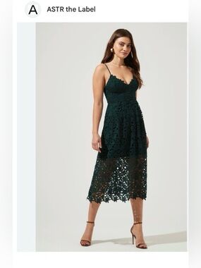 Astr Dark Green Lace Midi Dress with Spaghetti Straps